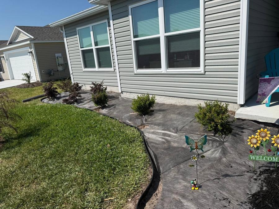 A front yard in The Villages with new plants set in and the bed edged, part way through the job